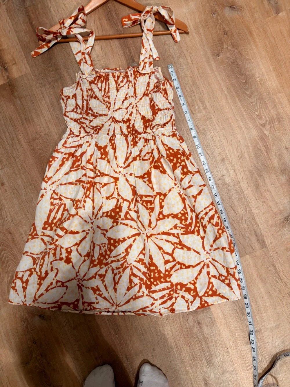 Linen White and Rust Tie-Shoulder Mini Dress - Picture 5 of 6